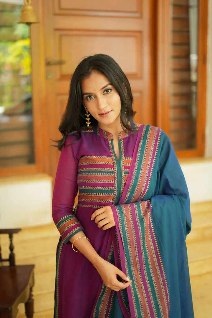 Magenta with Teal Handloom Kurta Set without dupatta | Made To Order
