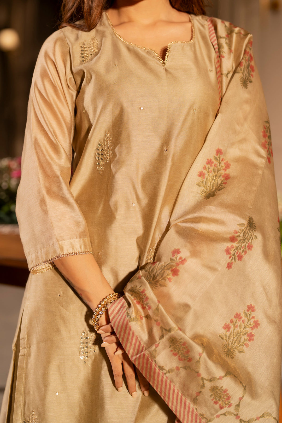 Beige Chanderi with Spread Buti Gota Work and Block Printed Dupatta -SET OF-3| SHOBITAM