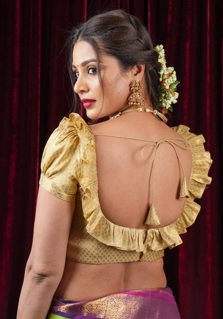 Gold Blouse with Scoop Neck frill detailing and puff sleeves , Made to Order