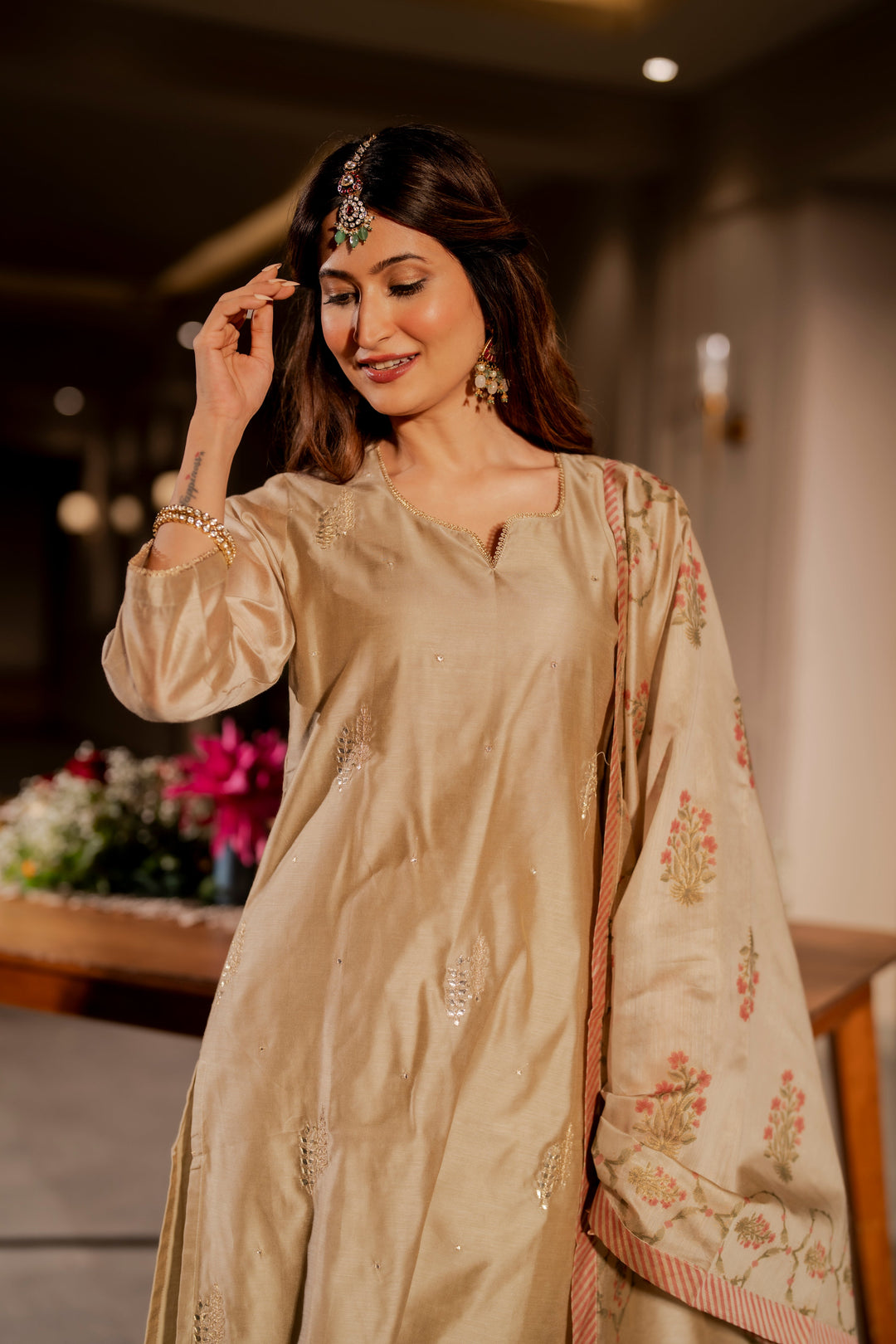Beige Chanderi with Spread Buti Gota Work and Block Printed Dupatta -SET OF-3| SHOBITAM
