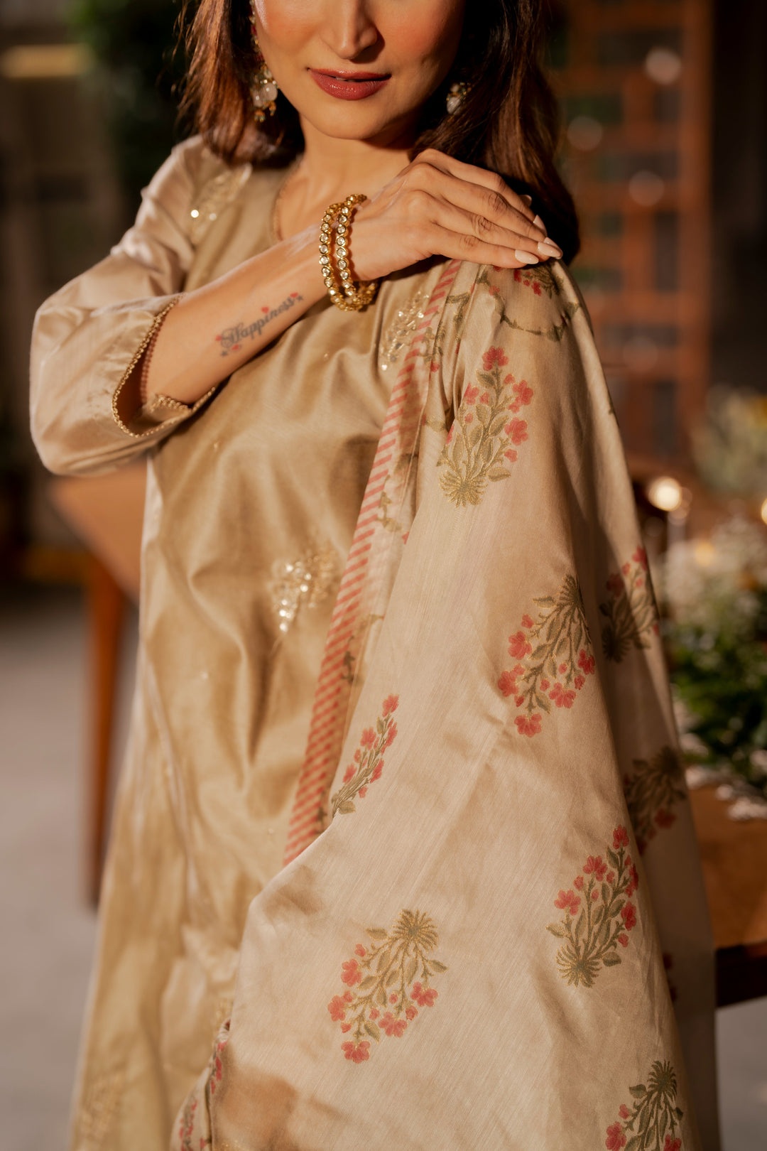 Beige Chanderi with Spread Buti Gota Work and Block Printed Dupatta -SET OF-3| SHOBITAM