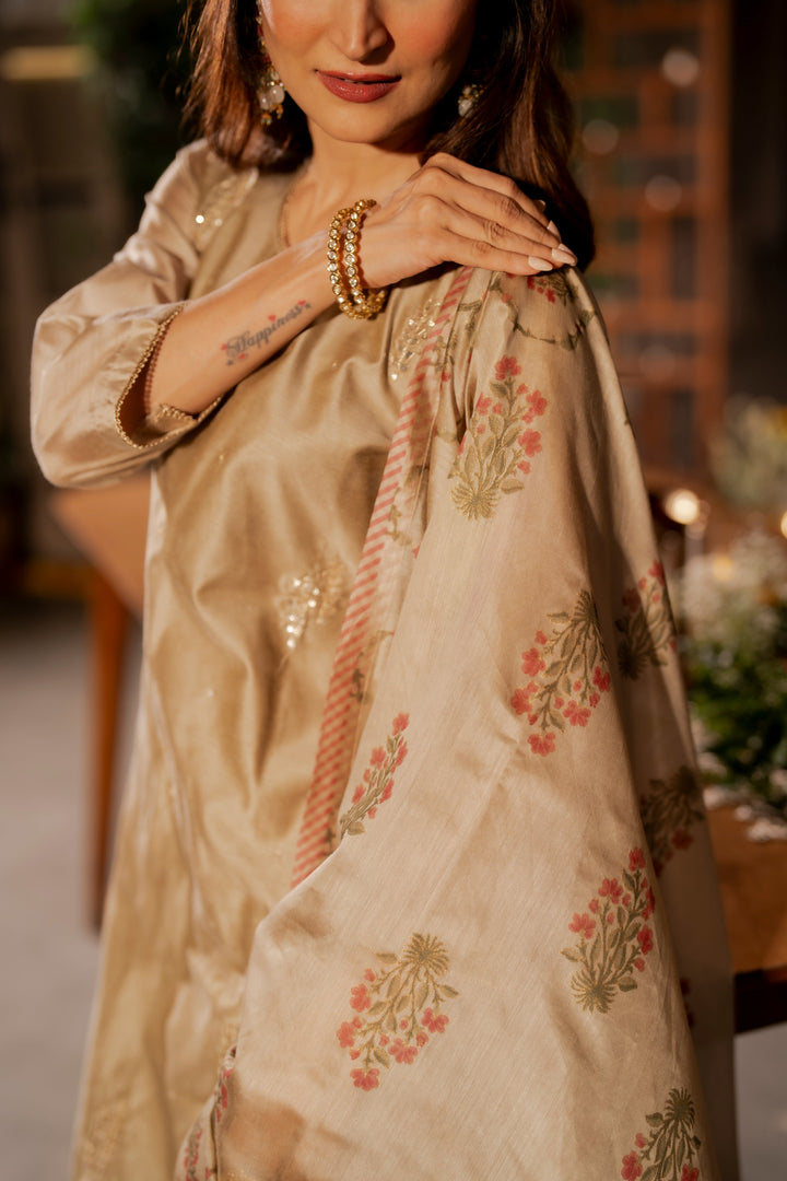 Beige Chanderi with Spread Buti Gota Work and Block Printed Dupatta -SET OF-3| SHOBITAM