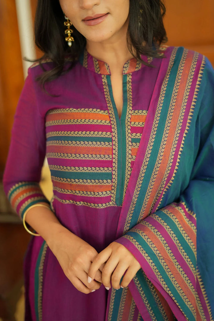 Magenta with Teal Handloom Kurta Set With Dupatta | Made To Order