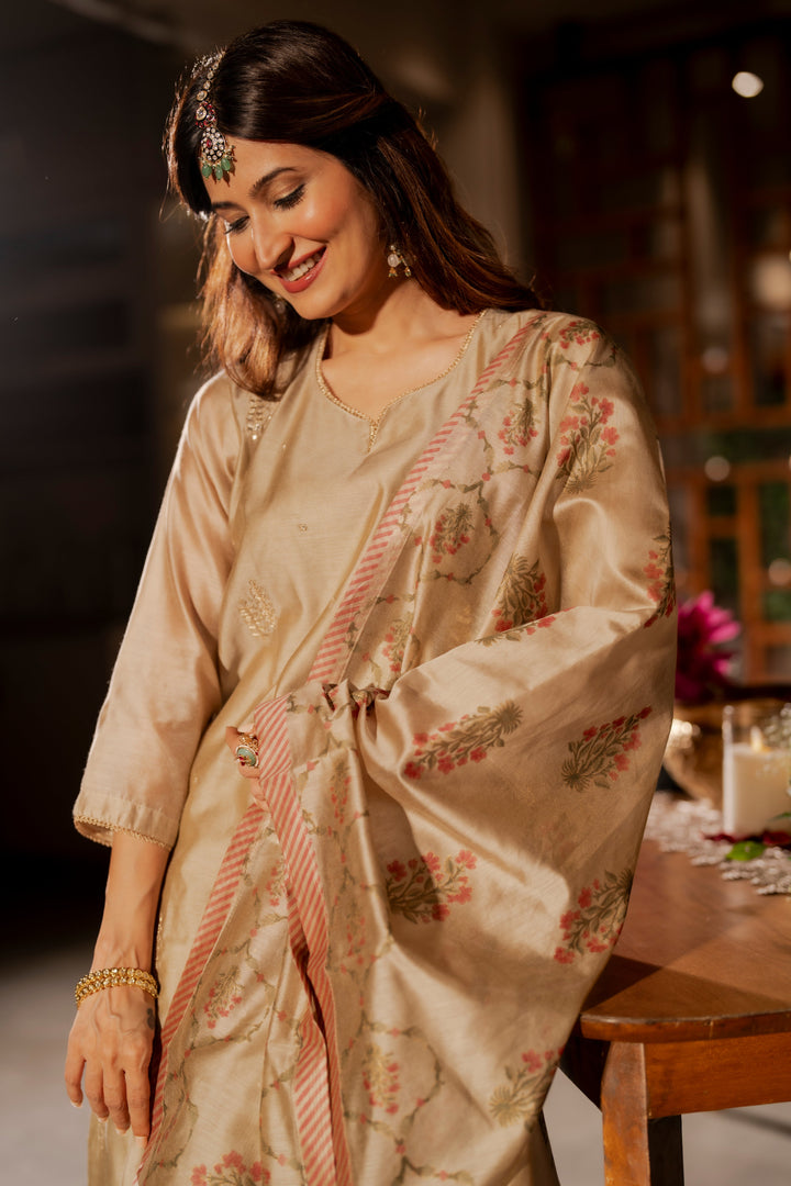 Beige Chanderi with Spread Buti Gota Work and Block Printed Dupatta -SET OF-3| SHOBITAM