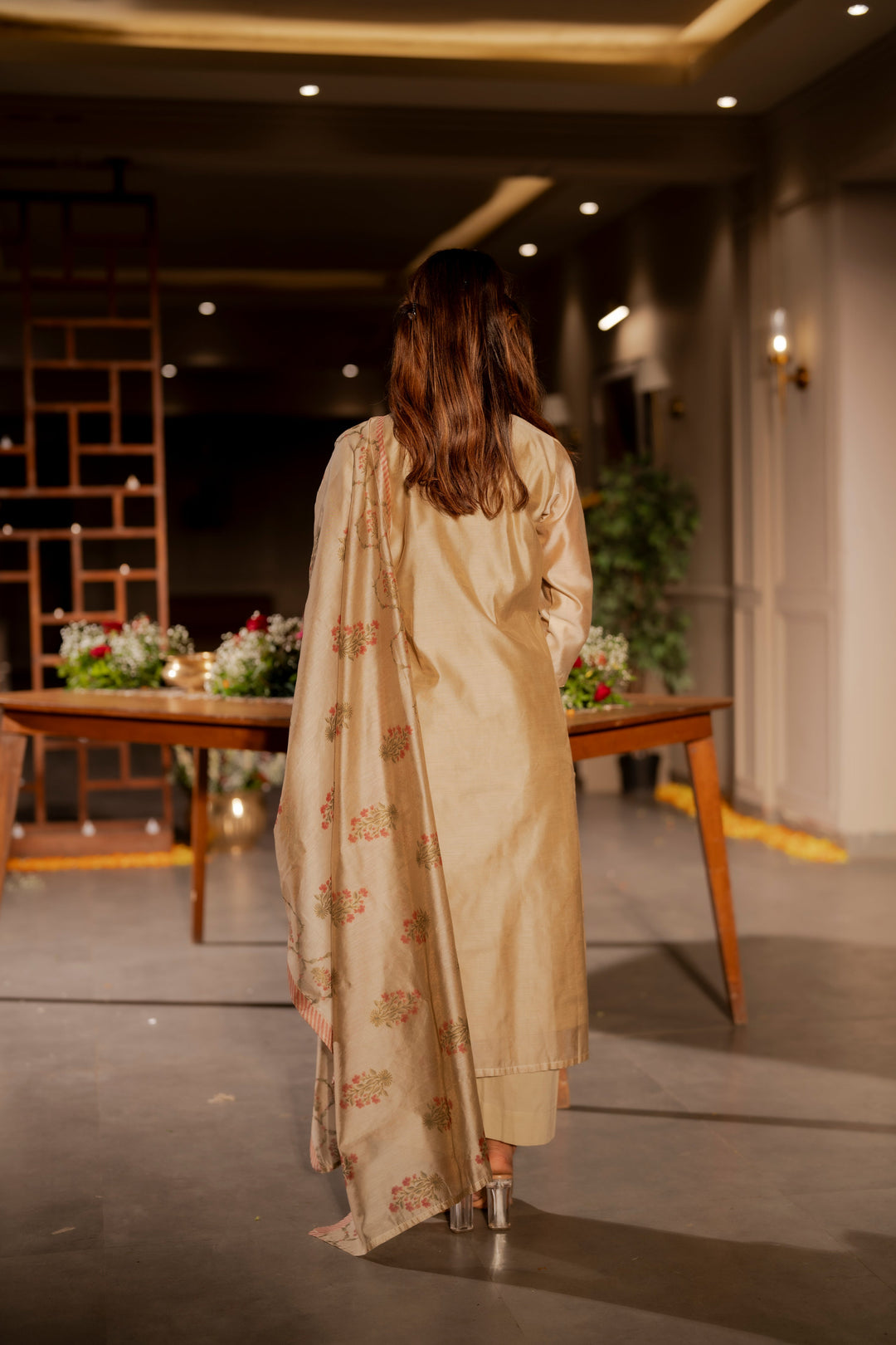 Beige Chanderi with Spread Buti Gota Work and Block Printed Dupatta -SET OF-3| SHOBITAM