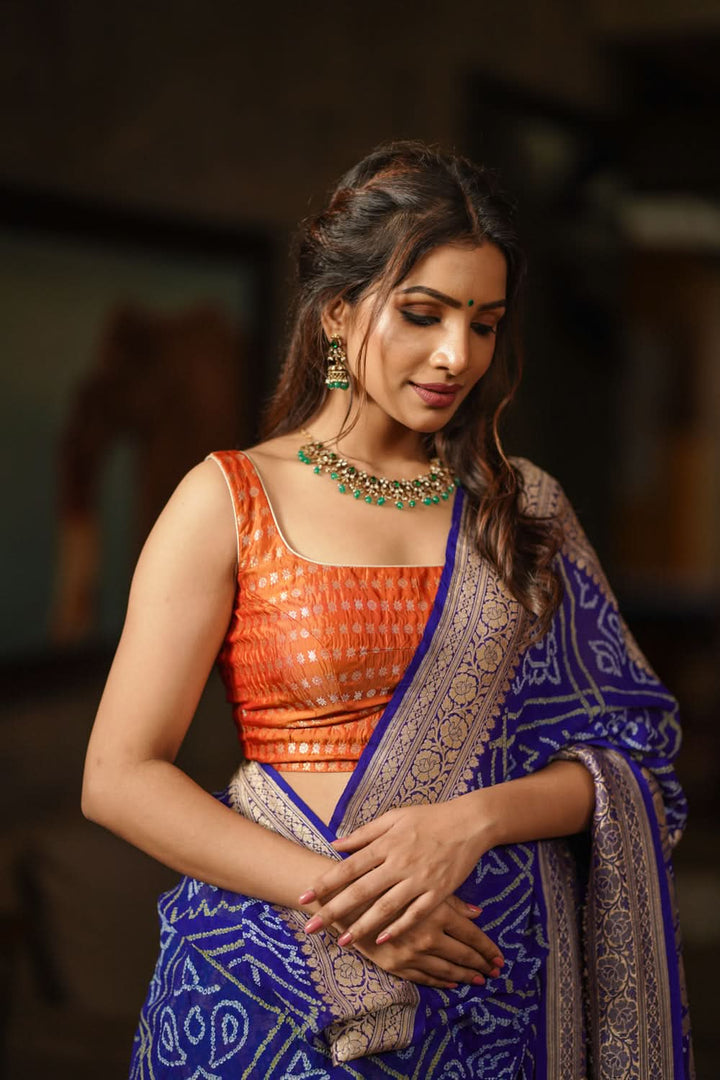Orange Scoopneck zari butti  pure silk sleeveless mix and match blouse, Made to Order