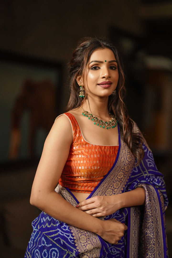 Orange Scoopneck zari butti  pure silk sleeveless mix and match blouse, Made to Order
