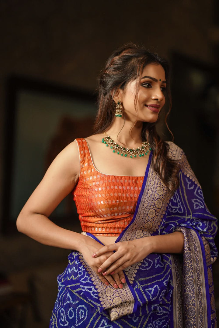 Orange Scoopneck zari butti  pure silk sleeveless mix and match blouse, Made to Order