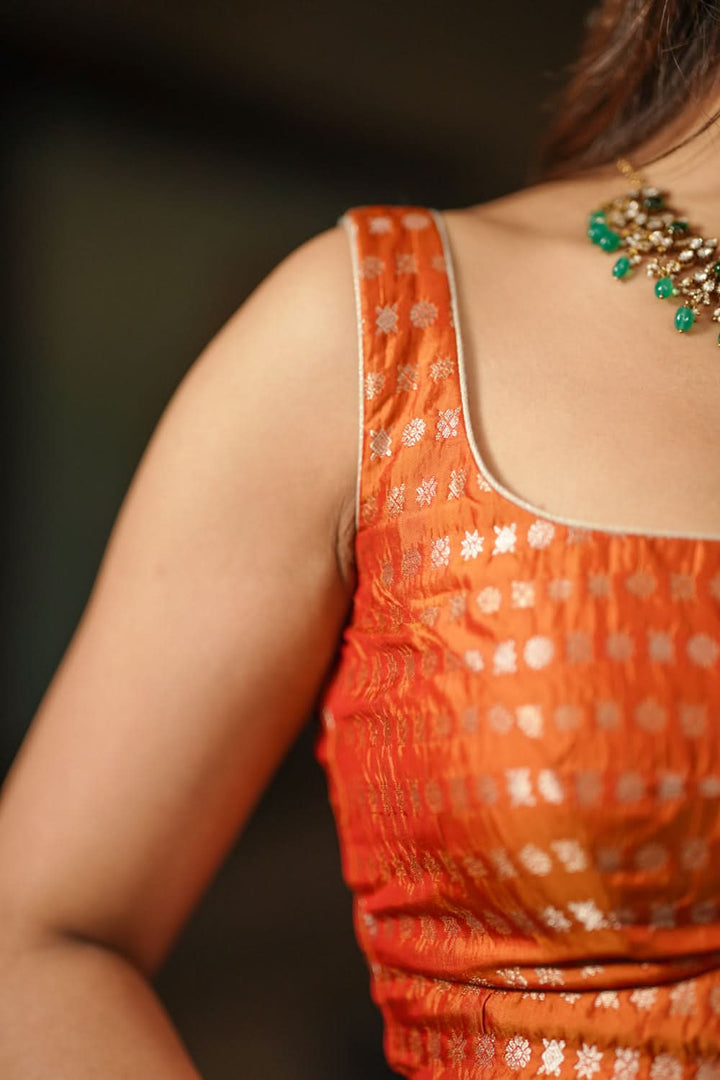 Orange Scoopneck zari butti  pure silk sleeveless mix and match blouse, Made to Order