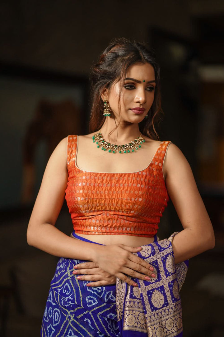 Orange Scoopneck zari butti  pure silk sleeveless mix and match blouse, Made to Order