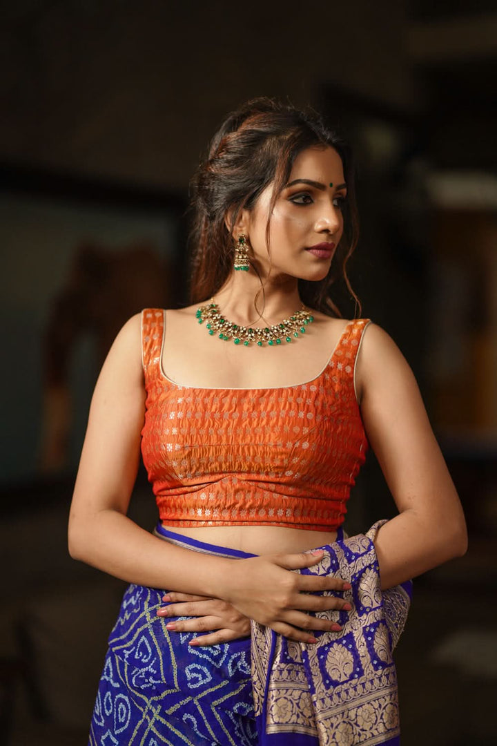 Orange Scoopneck zari butti  pure silk sleeveless mix and match blouse, Made to Order