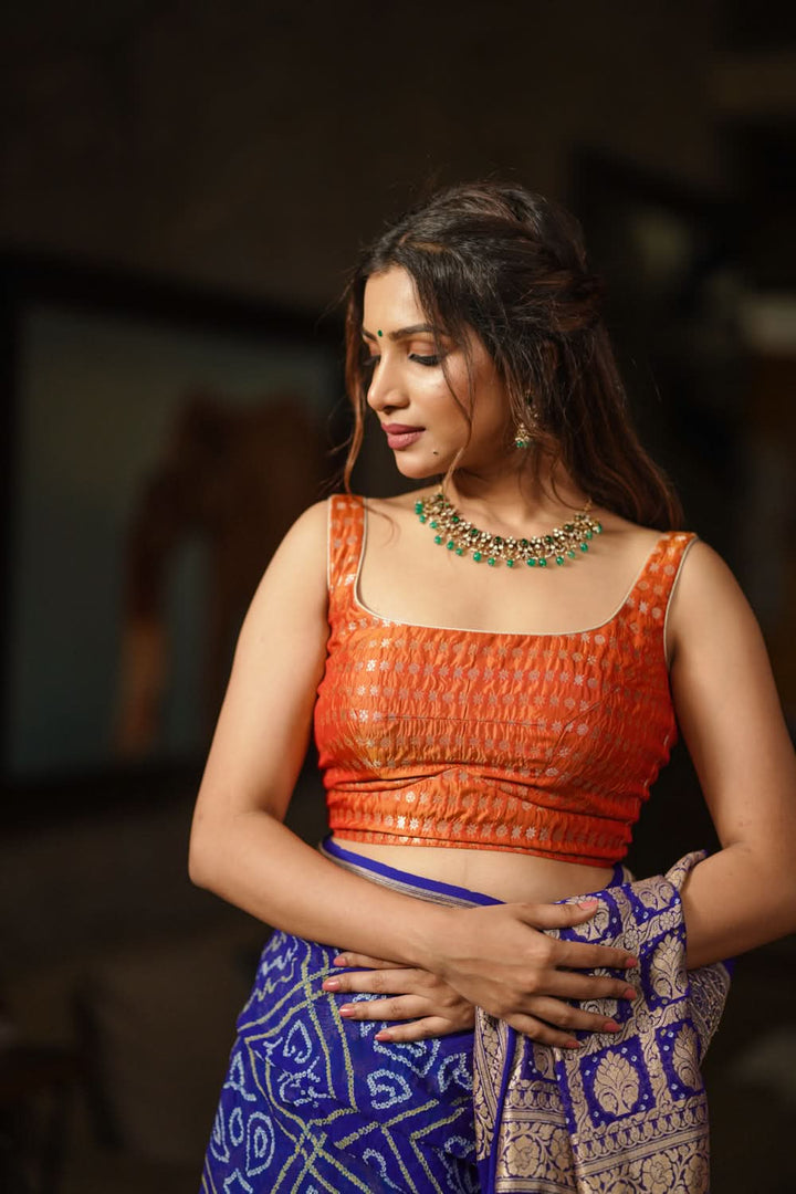 Orange Scoopneck zari butti  pure silk sleeveless mix and match blouse, Made to Order