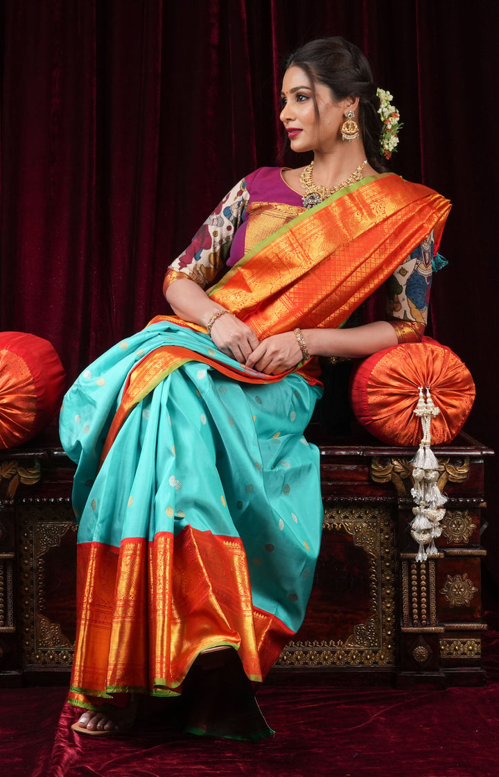 Korvai Cyan Gadwal handwoven pure silk saree with zari buttas and 11"  Red Wide Border | SILK MARK CERTIFIED