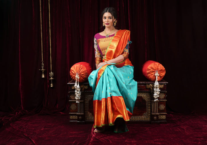 Korvai Cyan Gadwal handwoven pure silk saree with zari buttas and 11"  Red Wide Border | SILK MARK CERTIFIED