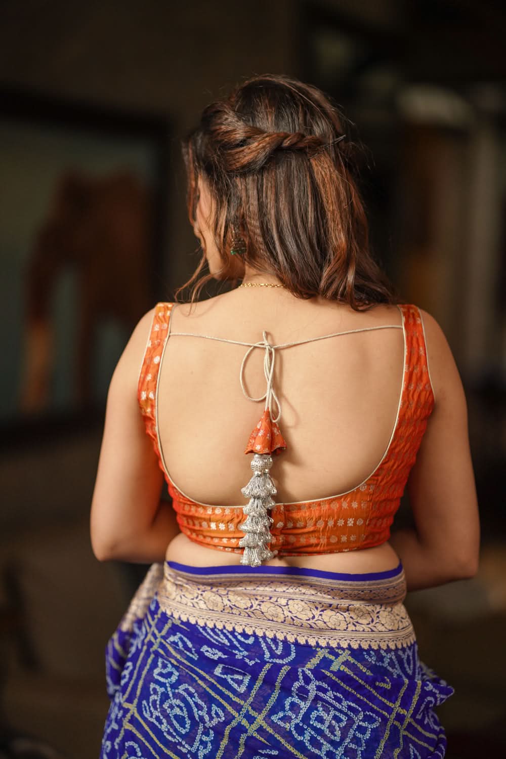 Orange Scoopneck zari butti  pure silk sleeveless mix and match blouse, Made to Order