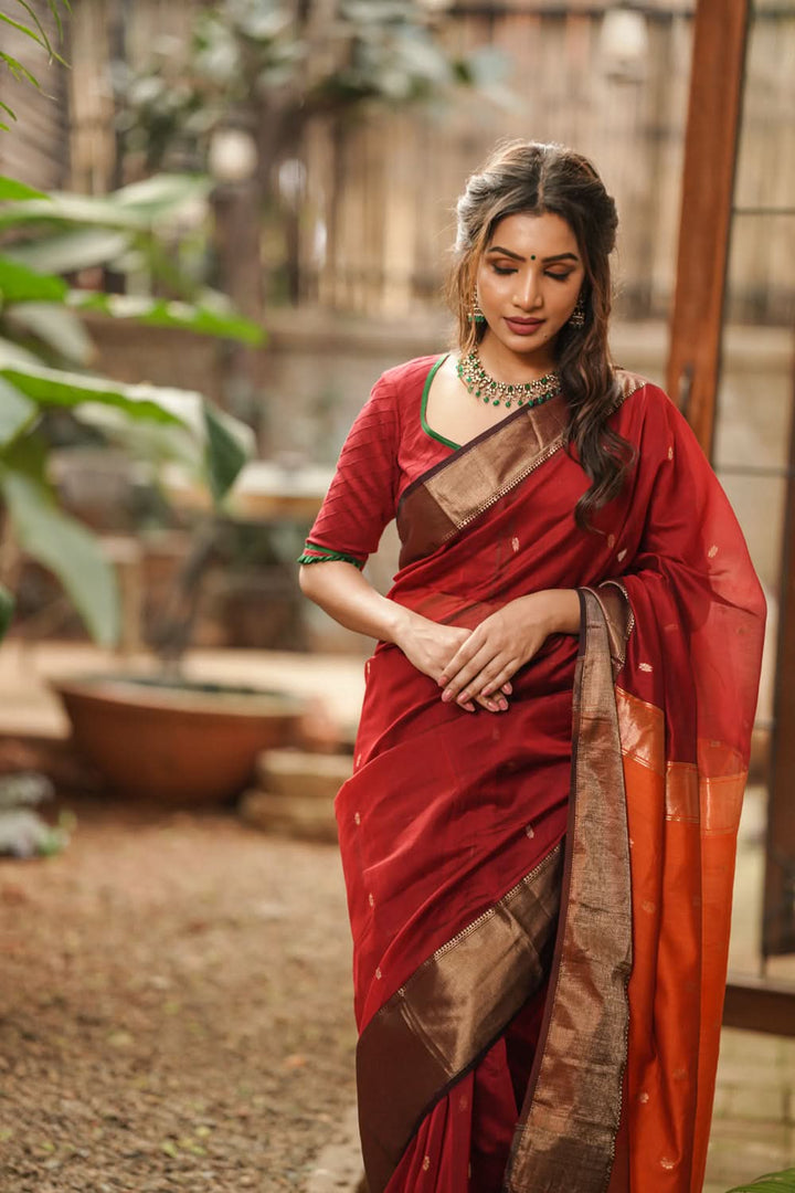 Maroon tone Handwoven Maheshwari Silk Cotton Saree with zari borders and contrast pallu