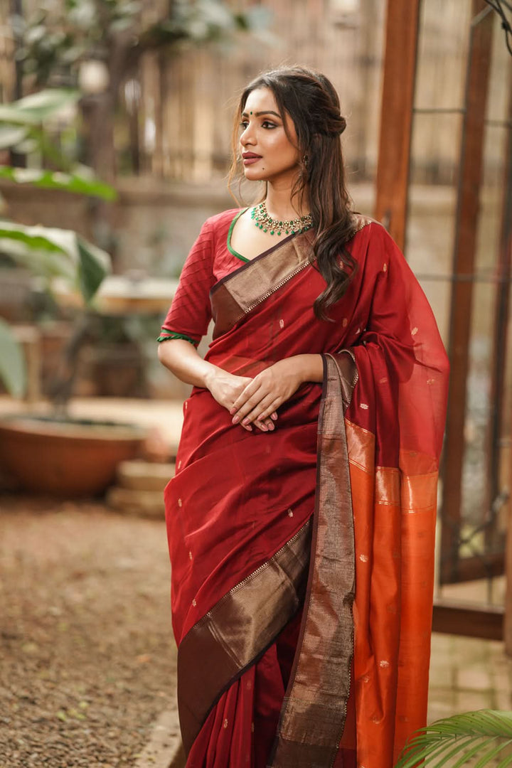 Maroon tone Handwoven Maheshwari Silk Cotton Saree with zari borders and contrast pallu