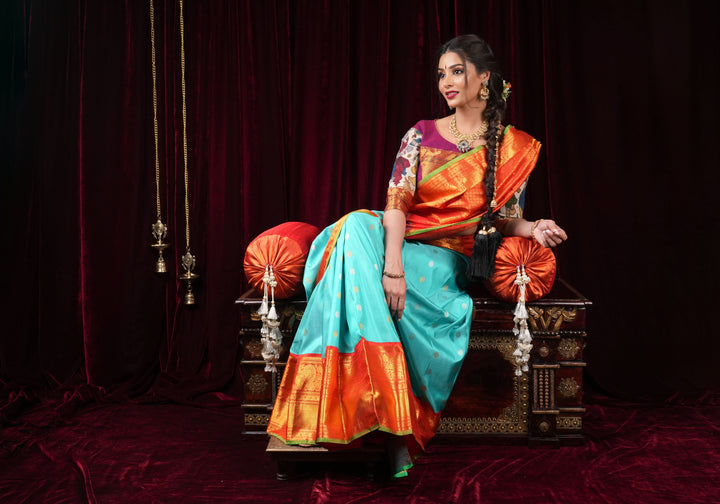 Korvai Cyan Gadwal handwoven pure silk saree with zari buttas and 11"  Red Wide Border | SILK MARK CERTIFIED