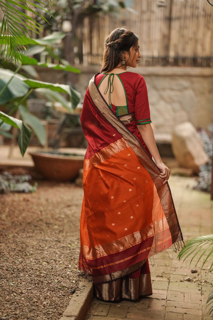 Maroon tone Handwoven Maheshwari Silk Cotton Saree with zari borders and contrast pallu