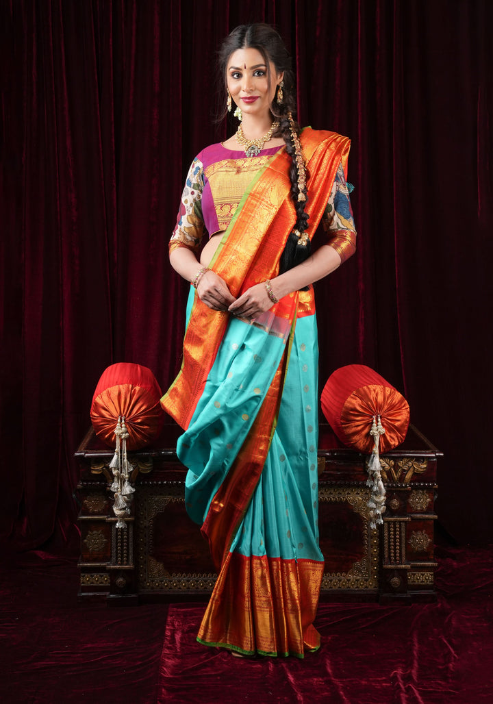 Korvai Cyan Gadwal handwoven pure silk saree with zari buttas and 11"  Red Wide Border | SILK MARK CERTIFIED