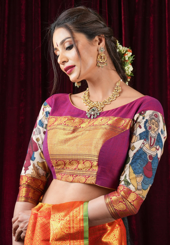 Pen Kalamkari and Plum Narayanpet Cotton Blouse with Zari detailing, Made to Order
