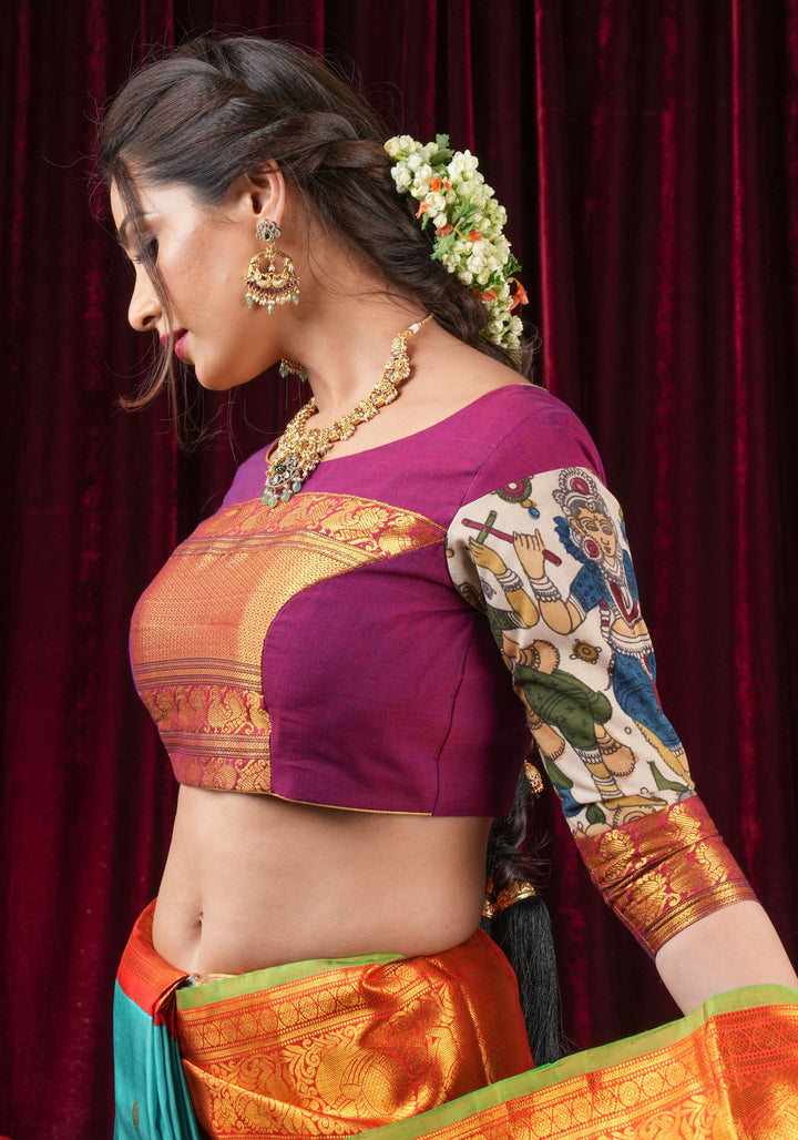 Pen Kalamkari and Plum Narayanpet Cotton Blouse with Zari detailing, Made to Order