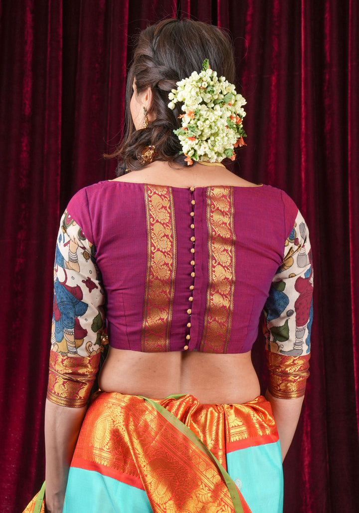 Pen Kalamkari and Plum Narayanpet Cotton Blouse with Zari detailing, Made to Order