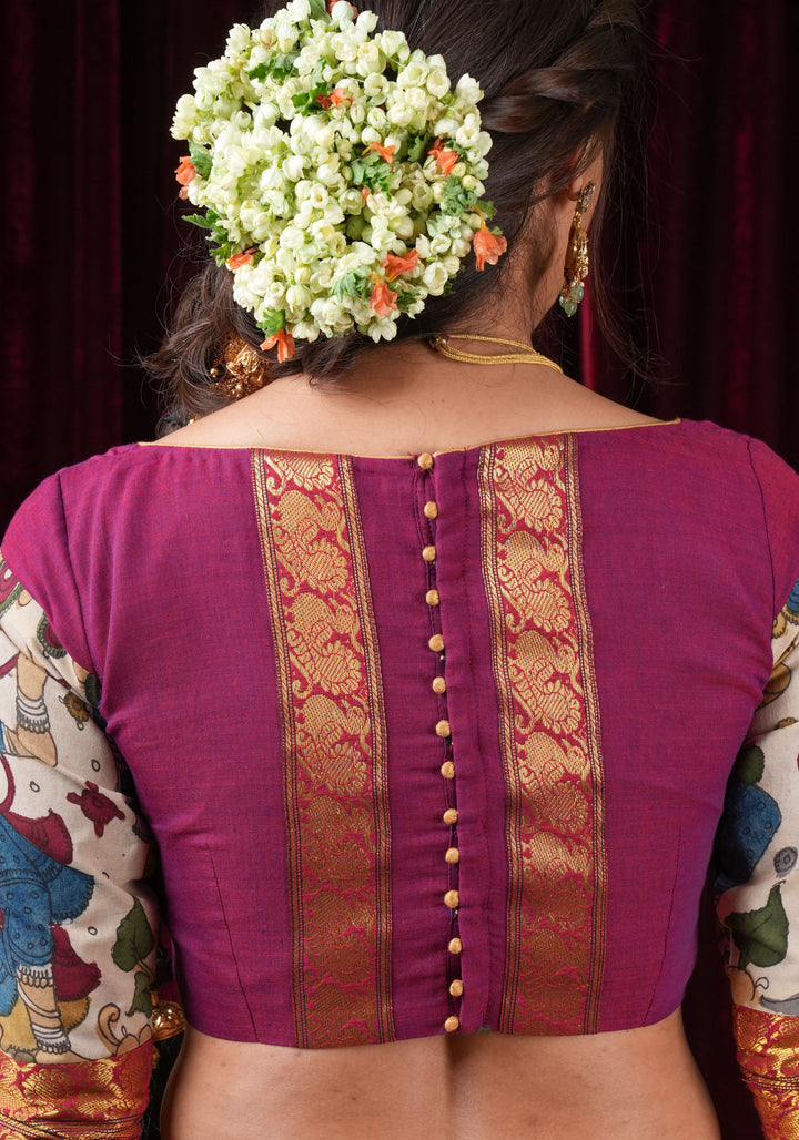 Pen Kalamkari and Plum Narayanpet Cotton Blouse with Zari detailing, Made to Order