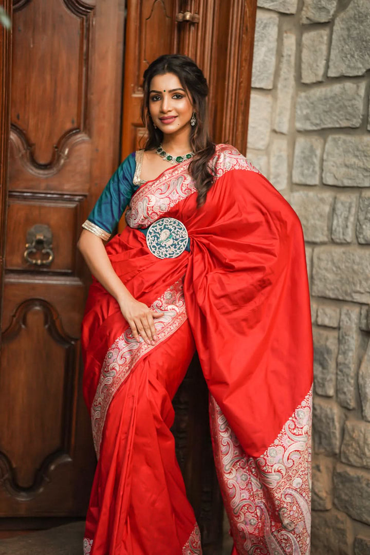 Exquisite Banarasi Silk Saree in Passion Red with Exquisite meenakari Paisly Border and Pallu  SILK MARK CERTIFIED