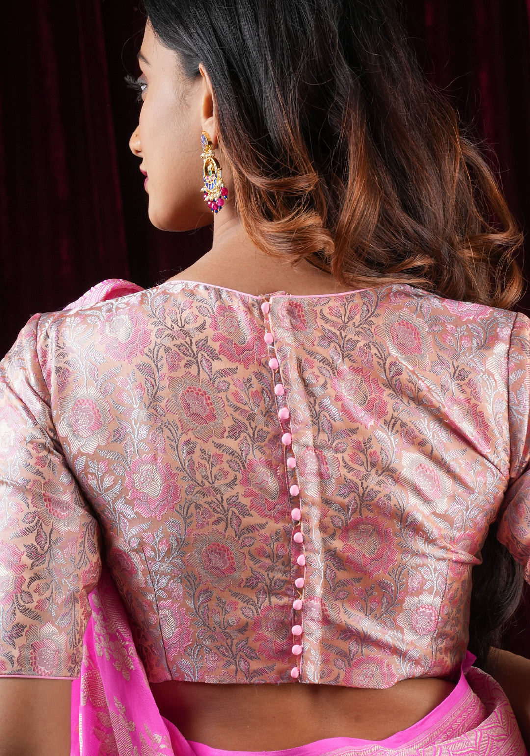 Pastel Pink Banarasi Tanchoi Floral Weave Blouse with Jewel neck and Potli Button detailing , Made to Order