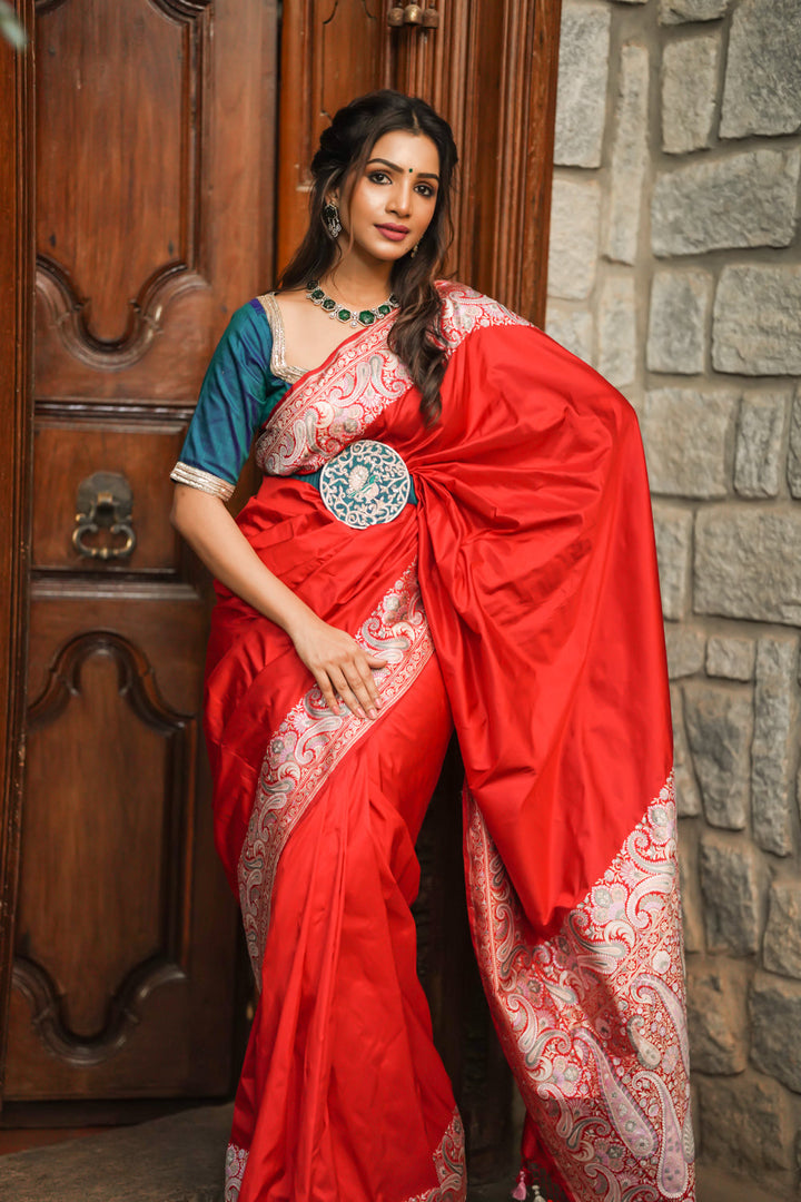 Exquisite Banarasi Silk Saree in Passion Red with Exquisite meenakari Paisly Border and Pallu  SILK MARK CERTIFIED