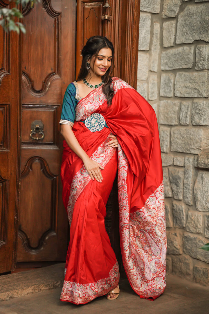 Exquisite Banarasi Silk Saree in Passion Red with Exquisite meenakari Paisly Border and Pallu  SILK MARK CERTIFIED