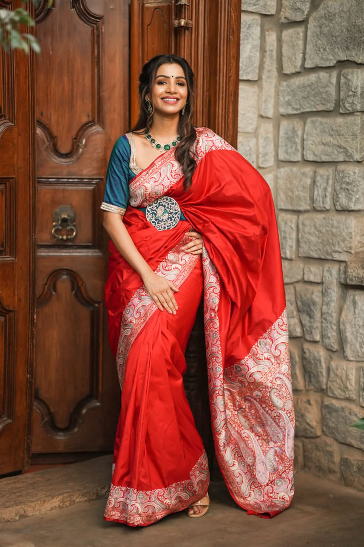 Exquisite Banarasi Silk Saree in Passion Red with Exquisite meenakari Paisly Border and Pallu  SILK MARK CERTIFIED