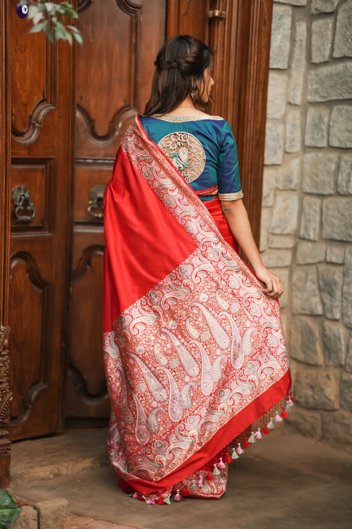 Exquisite Banarasi Silk Saree in Passion Red with Exquisite meenakari Paisly Border and Pallu  SILK MARK CERTIFIED