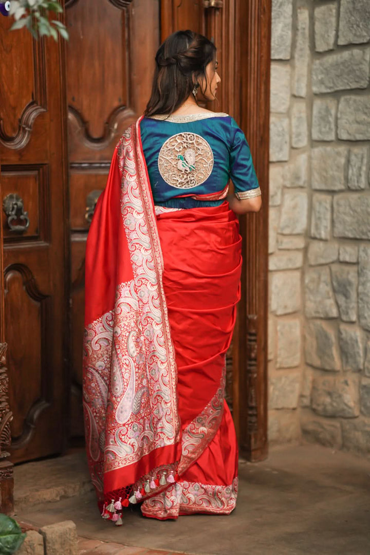 Exquisite Banarasi Silk Saree in Passion Red with Exquisite meenakari Paisly Border and Pallu  SILK MARK CERTIFIED