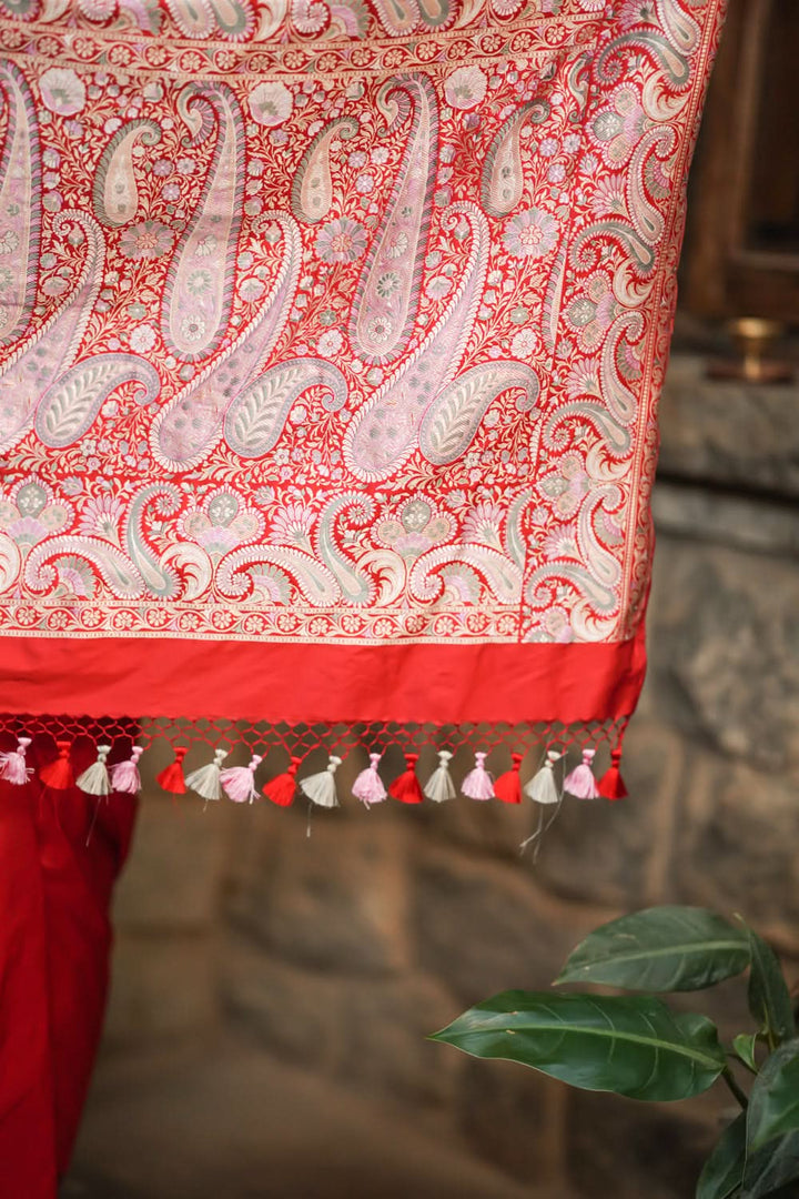 Exquisite Banarasi Silk Saree in Passion Red with Exquisite meenakari Paisly Border and Pallu  SILK MARK CERTIFIED
