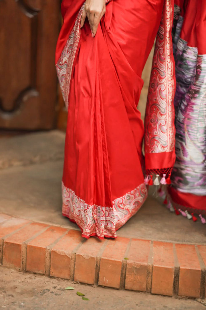 Exquisite Banarasi Silk Saree in Passion Red with Exquisite meenakari Paisly Border and Pallu  SILK MARK CERTIFIED