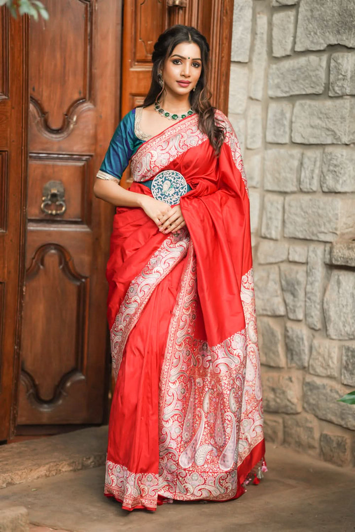 Exquisite Banarasi Silk Saree in Passion Red with Exquisite meenakari Paisly Border and Pallu  SILK MARK CERTIFIED