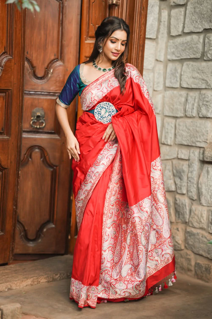 Exquisite Banarasi Silk Saree in Passion Red with Exquisite meenakari Paisly Border and Pallu  SILK MARK CERTIFIED