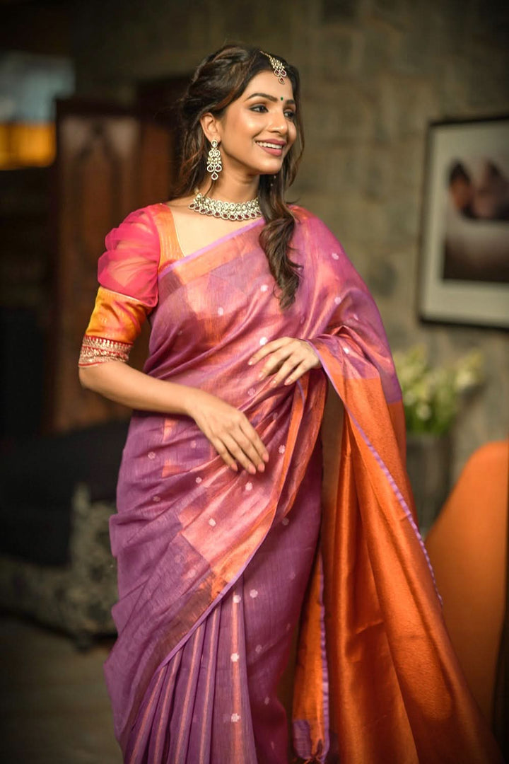 Amethyst Copper Tissue Stunning Tissue Linen Saree with Chunri Butis and Full Tissue Pallu!
