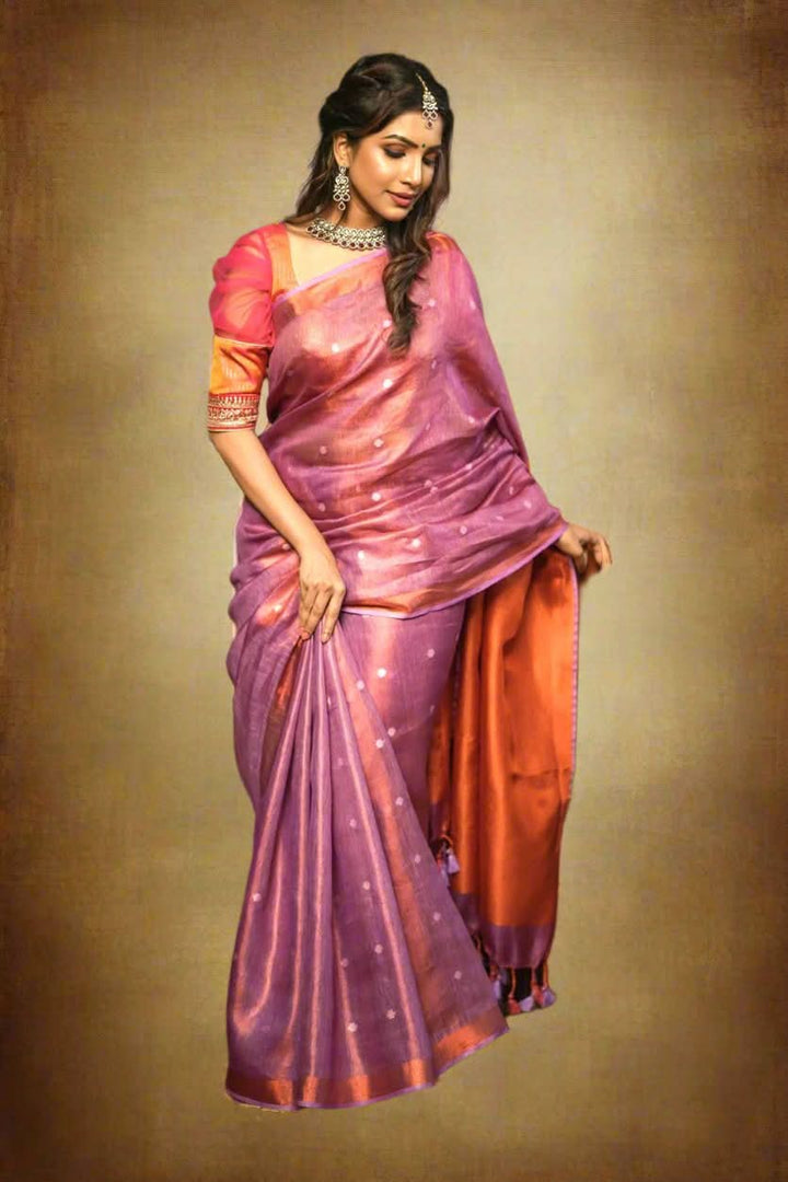 Amethyst Copper Tissue Stunning Tissue Linen Saree with Chunri Butis and Full Tissue Pallu!