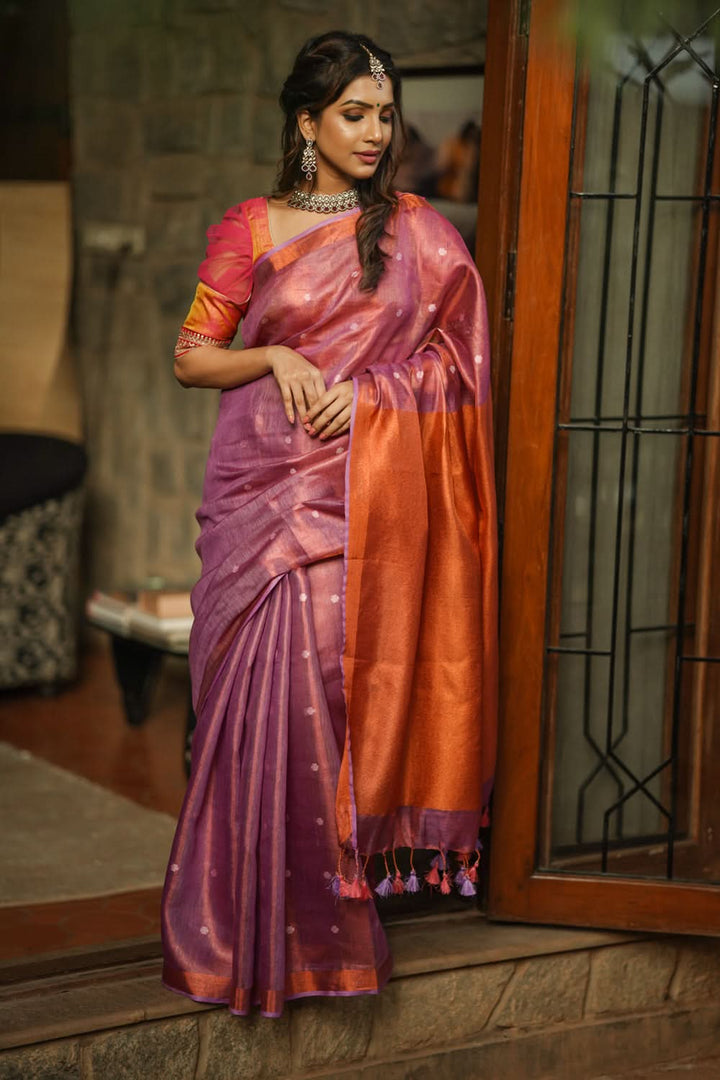Amethyst Copper Tissue Stunning Tissue Linen Saree with Chunri Butis and Full Tissue Pallu!