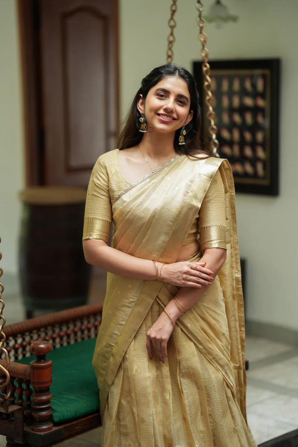 Sarasvati Gold Banarasi Half Saree Set, Skirt Blouse and Dhavani | Made To Order