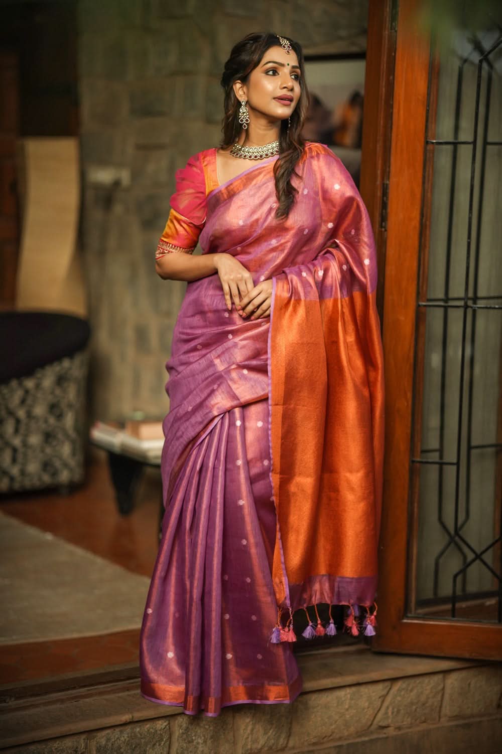 Amethyst Copper Tissue Stunning Tissue Linen Saree with Chunri Butis and Full Tissue Pallu!