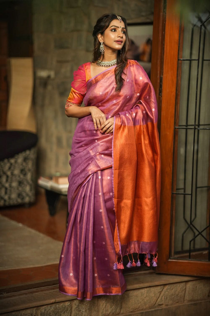 Amethyst Copper Tissue Stunning Tissue Linen Saree with Chunri Butis and Full Tissue Pallu!