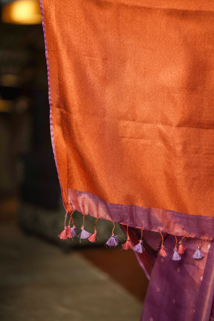 Amethyst Copper Tissue Stunning Tissue Linen Saree with Chunri Butis and Full Tissue Pallu | SHOBITAM