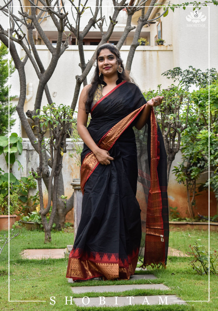 Black Chettinadu Cotton Saree with Temple Zari Borders