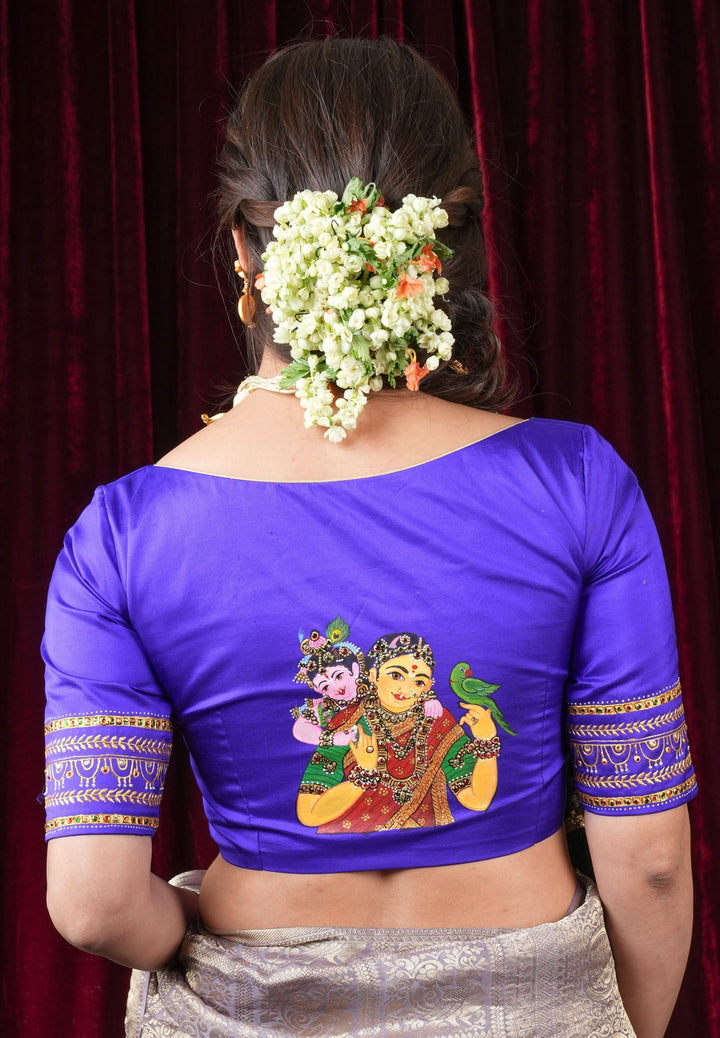 Baby Krishna and Yashodha - Tanjore Handpainting with hand embellished stones and 3d work on Pure silk Purple Blouse, Made to Order