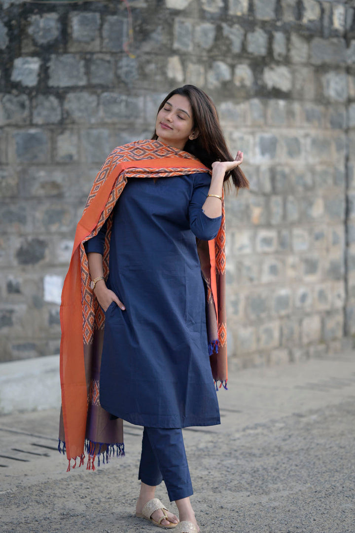 Peach and Indigo 3 Piece Kurti Set | Made To Order