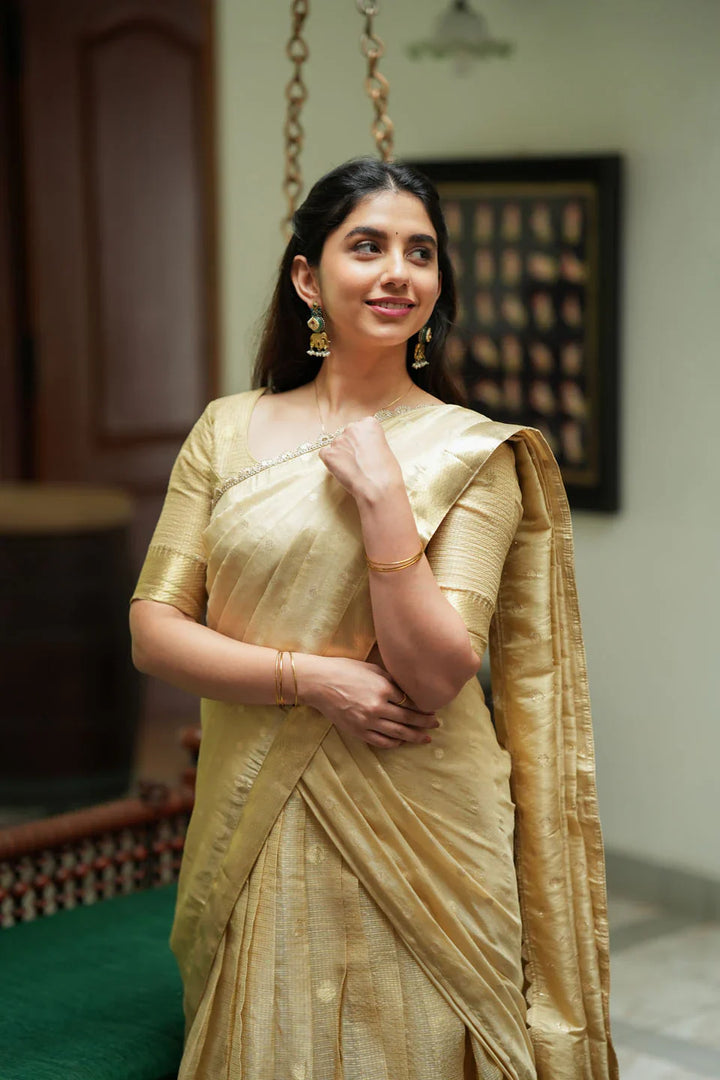 Sarasvati Gold Banarasi Half Saree Set, Skirt Blouse and Dhavani | Made To Order